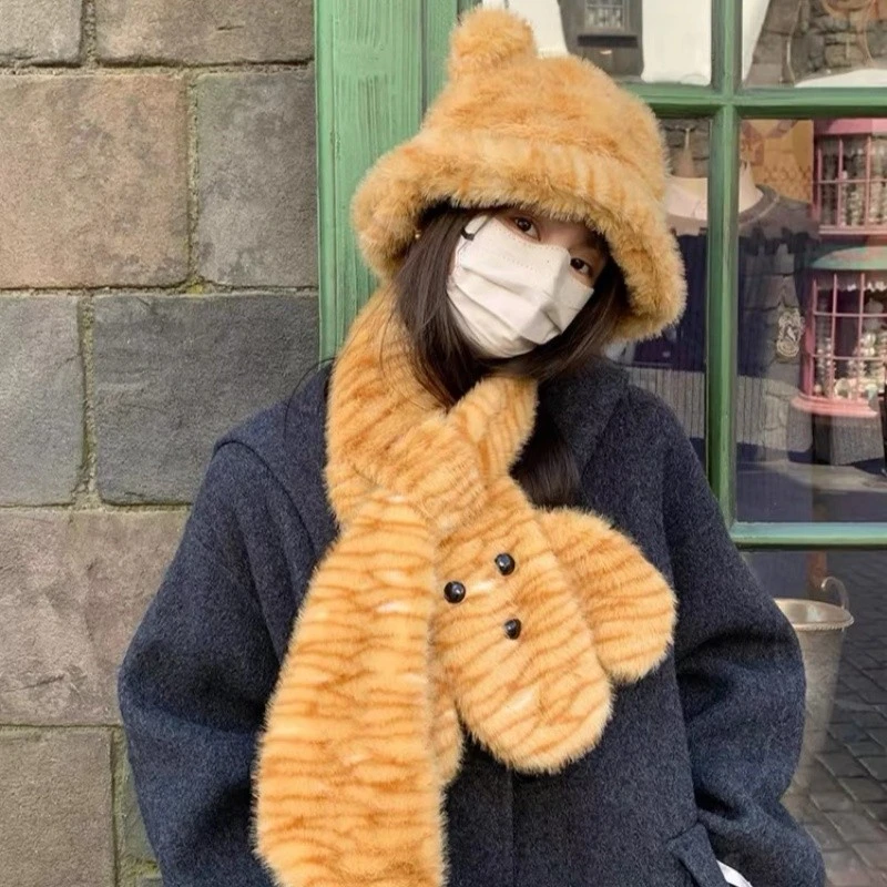 毛茸茸围脖可爱新款虎纹帽子围巾女2025秋冬加厚保暖百搭爆款网红