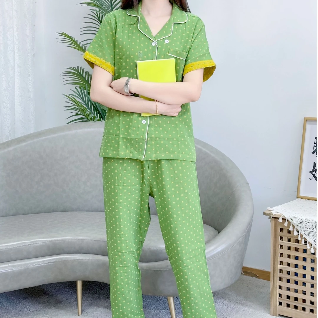 花研短袖长裤舒适时尚休闲女士薄款双层纱家居服