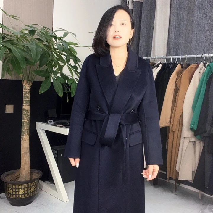 双面呢大衣藏蓝色M码长款