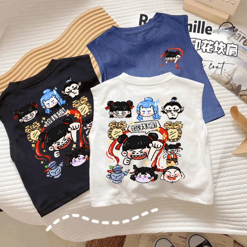 儿童夏季哪吒男女童纯棉无袖T恤新款卡通宝宝打底衫潮款背心外穿t