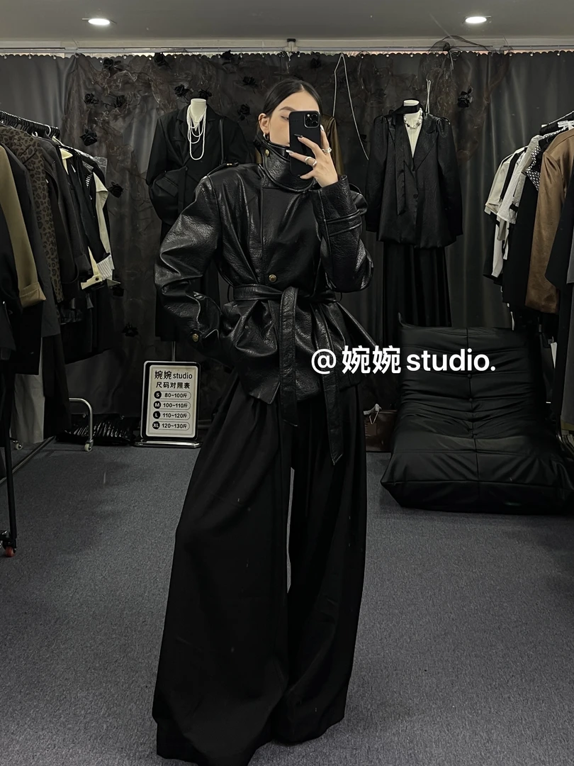 【婉婉studio】法式春秋冬翻领中长款秋季皮衣韩版春秋设计师黑色
