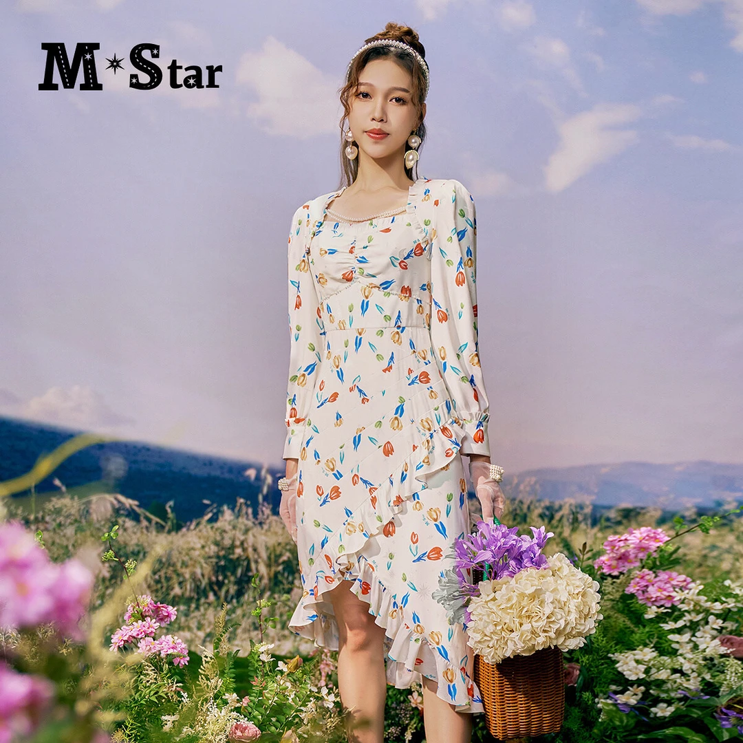 【老板娘夏天】M-Star印花长袖不规则方领连衣裙 SEEL132529