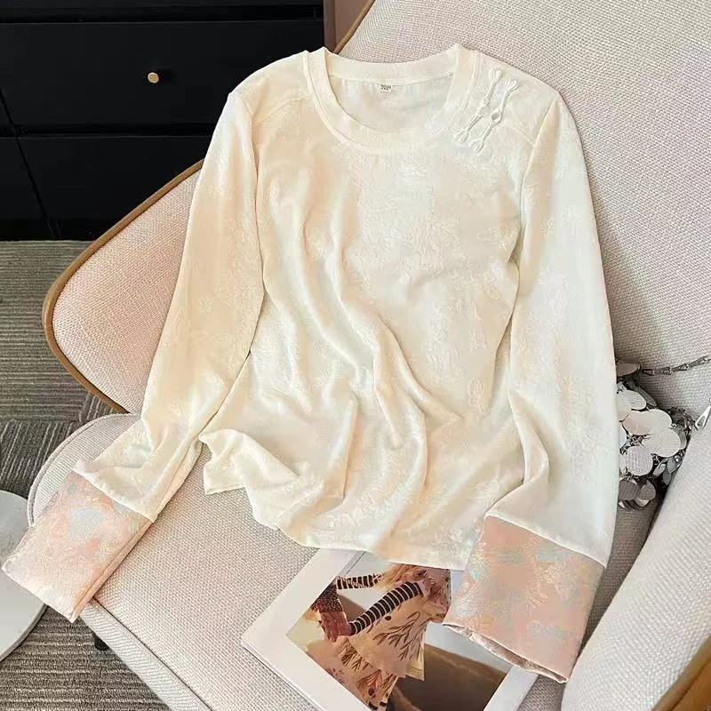 【花晨】2025提花时尚气质圆领复古长袖中式网红弹力百搭显瘦打底衫