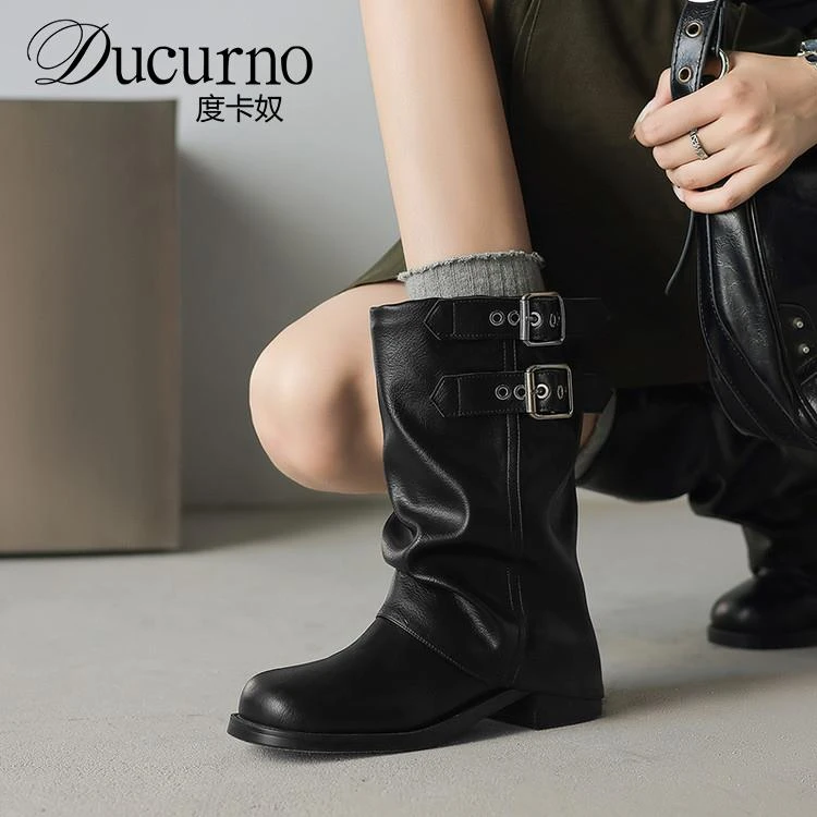 DUCURNO圆头粗跟皮带扣马丁靴女时髦裤管靴黑色中筒骑士靴瘦瘦靴