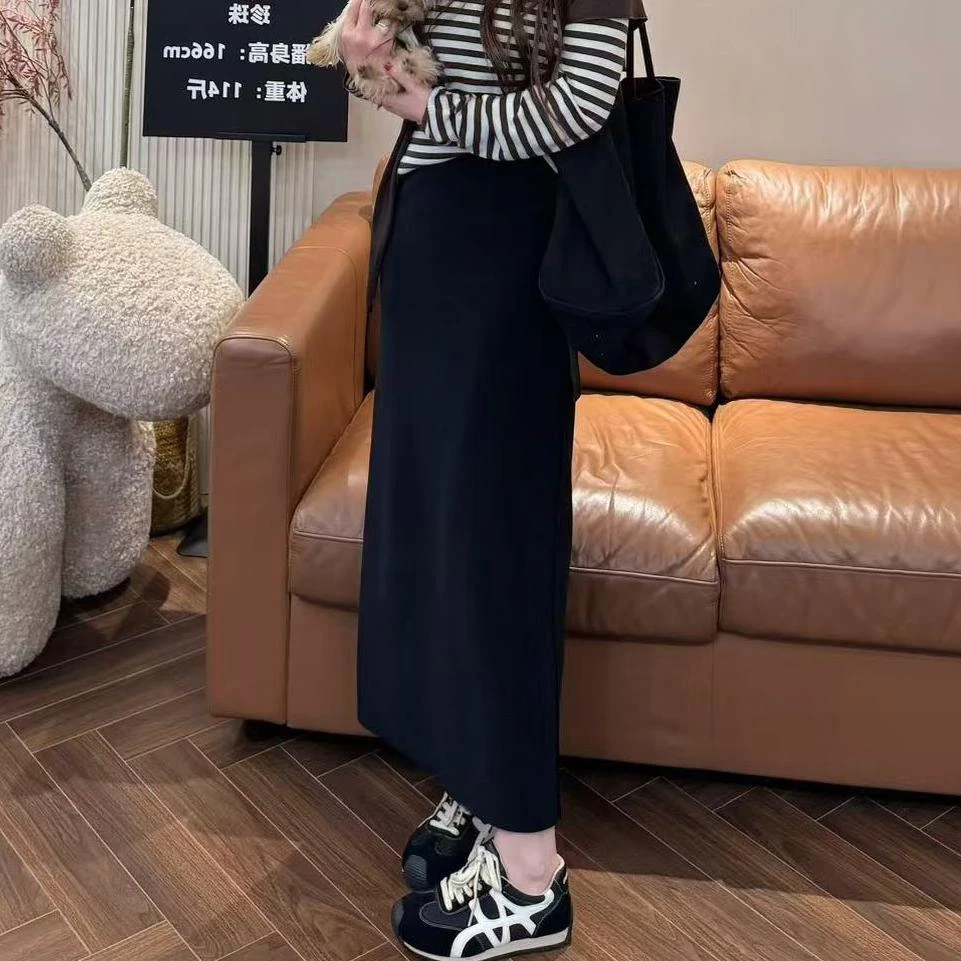 轻OL*高智美人包臀弹力半身开衩长裙*高级乱麻梨形显瘦直筒半裙