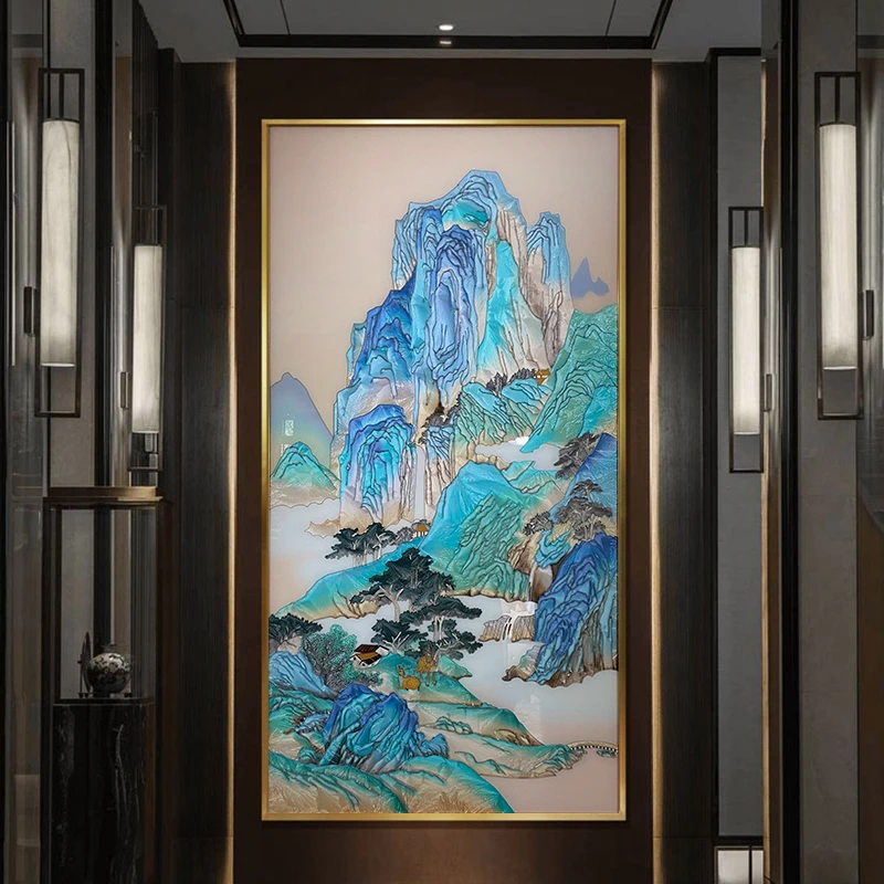 手绘新中式珐琅彩装饰画入户玄关走廊现代屏风隔断办公室山水壁画