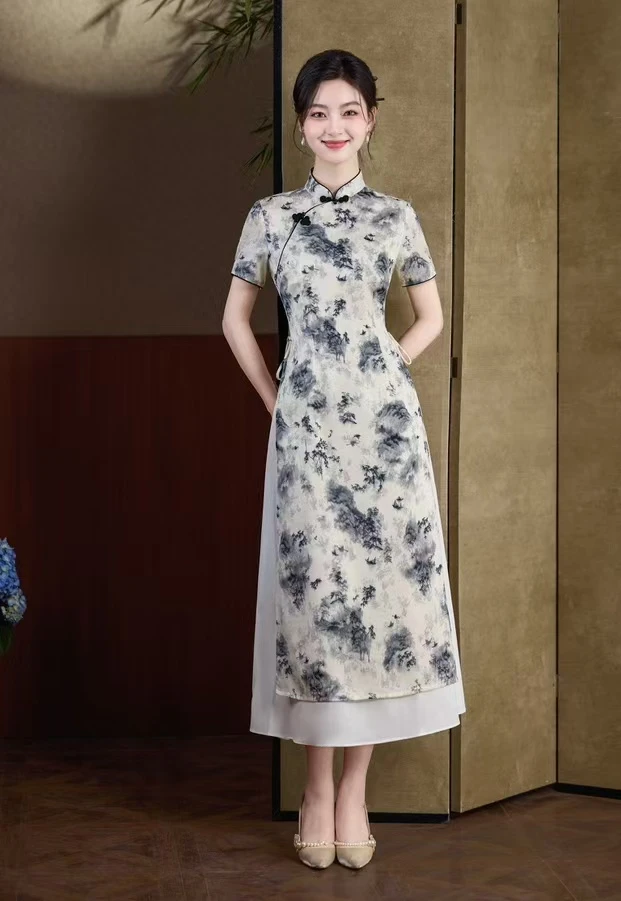 水墨青山 日常气质文艺国风优雅长款改良奥黛旗袍