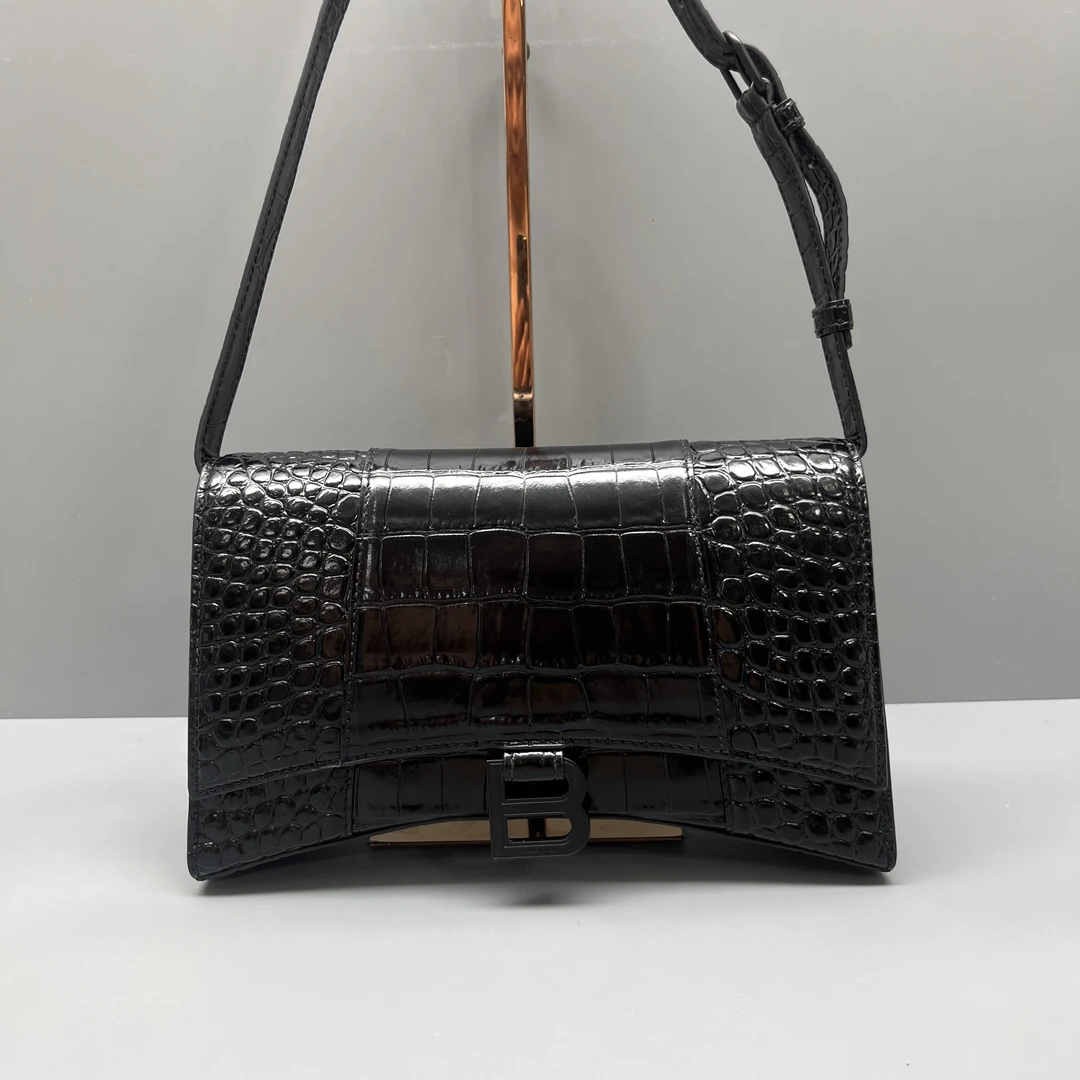 95新 Balenciaga/巴黎世家 黑色鳄鱼压纹Hourglass单肩尺寸25*15
