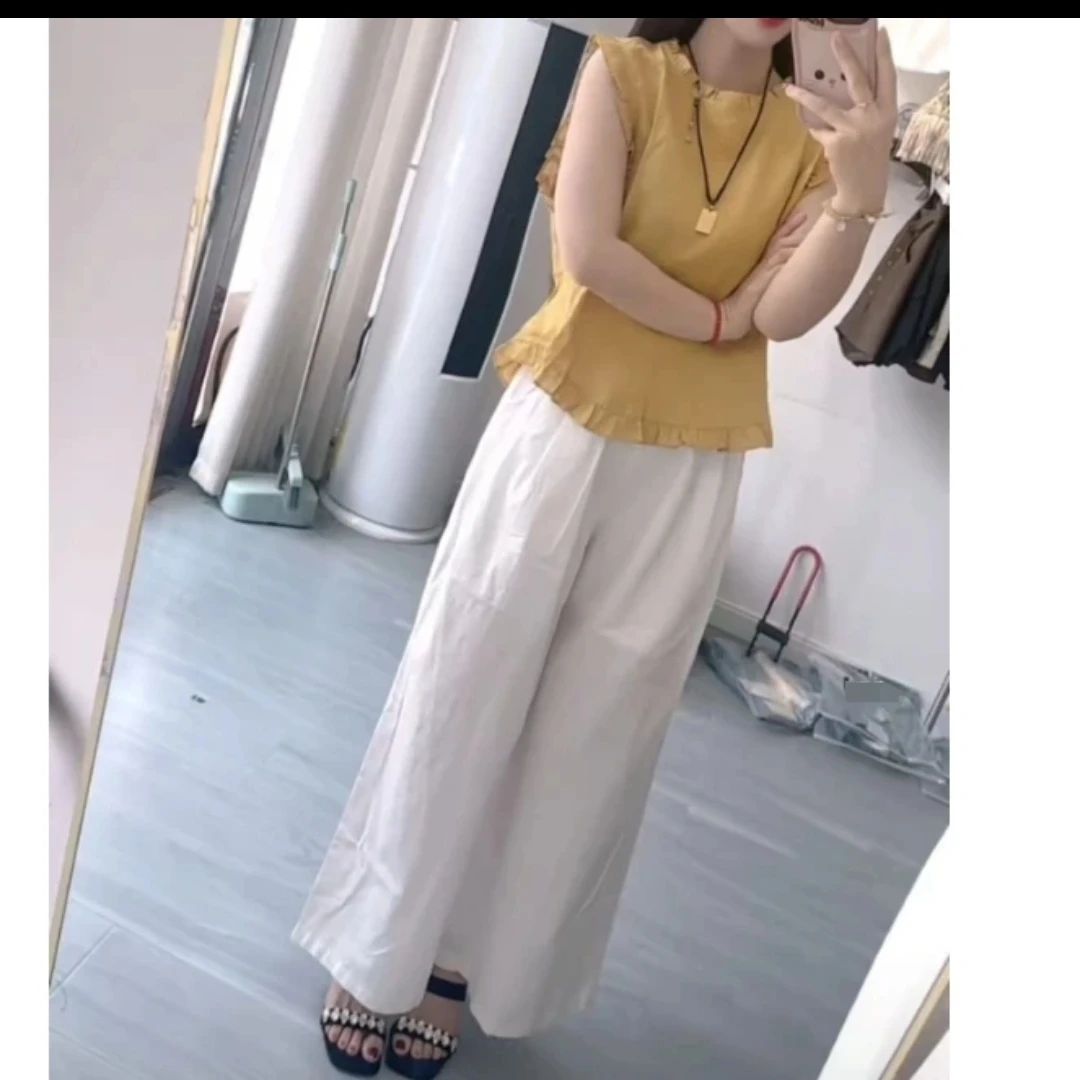 夏季通勤黄色纯色白色休闲裤女款套装上衣无袖