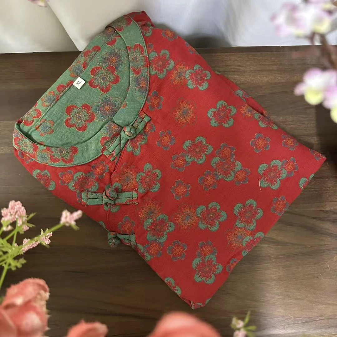 富贵花-红色棉麻国风家居服（上衣+裤子）
