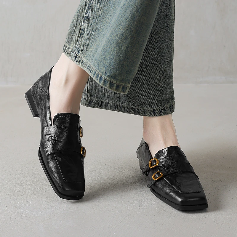 羊皮2.5cm单鞋女乐福鞋粗跟低跟小皮鞋2025春季新款方头法式复古