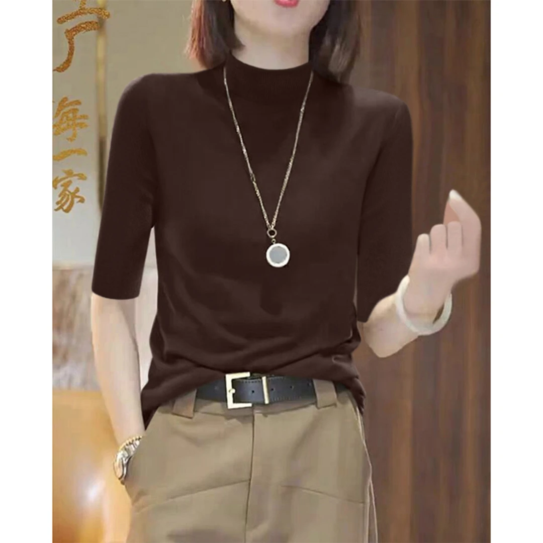高级感小众半高圆领修身显瘦气质中袖针织衫内搭女新款设计感上衣