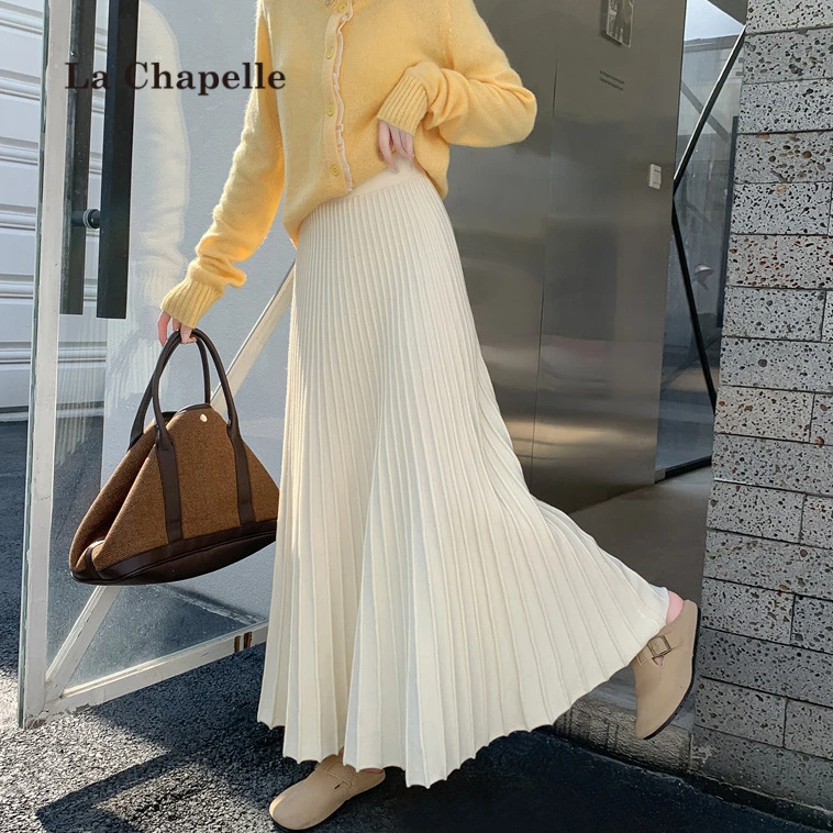 拉夏贝尔针织半身裙女遮胯长裙秋冬高腰a字大摆裙加厚显瘦百褶裙