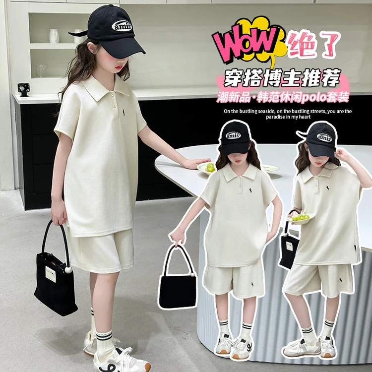 夏季薄款女童宽松透气休闲韩范polo绣花套装