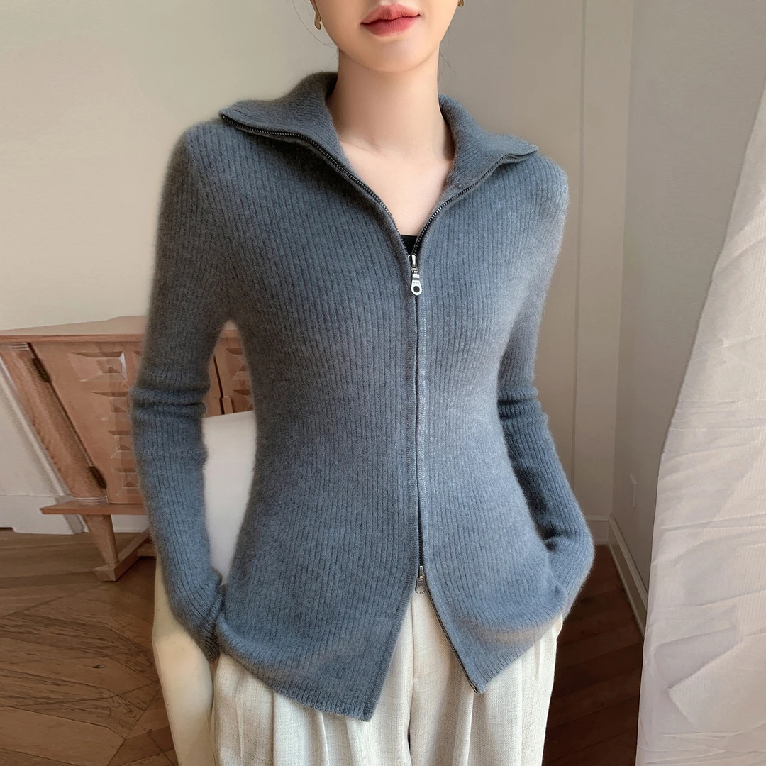 立领拉链开衫女士山羊绒衫抽条高领针织外套百搭坑条修身打底衫秋