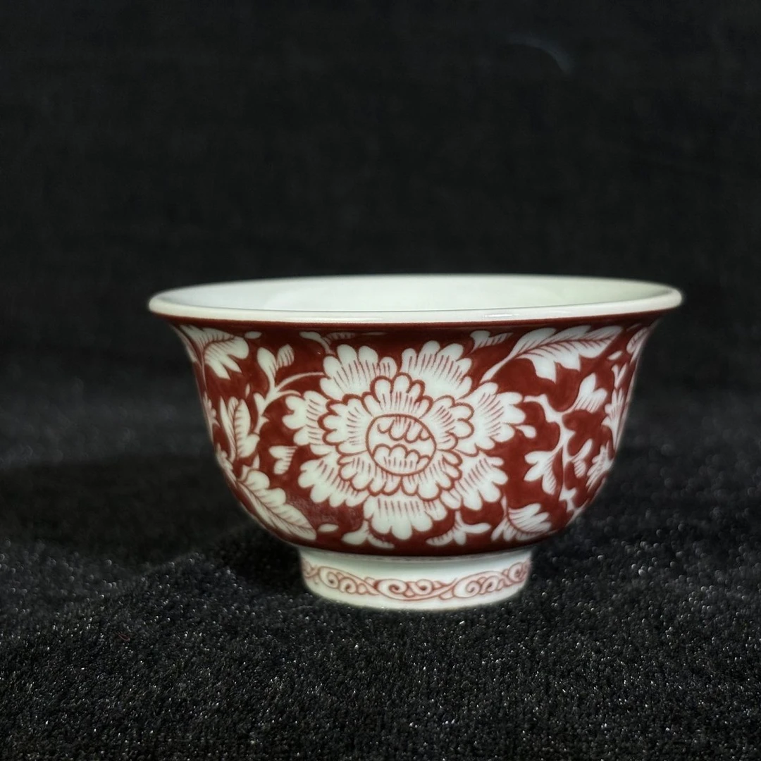 景德镇元釉里红留白团菊缠枝莲永乐功夫茶具家用茶杯压手单杯