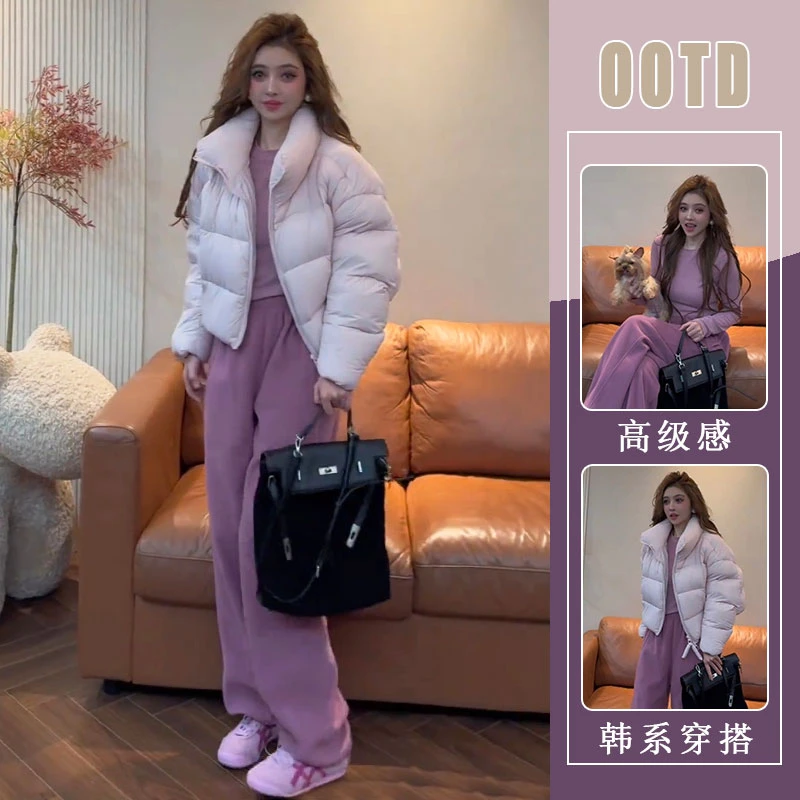 2025冬季新款韩版宽松休闲立领短款棉服外套+打底衫+裤子三件套潮