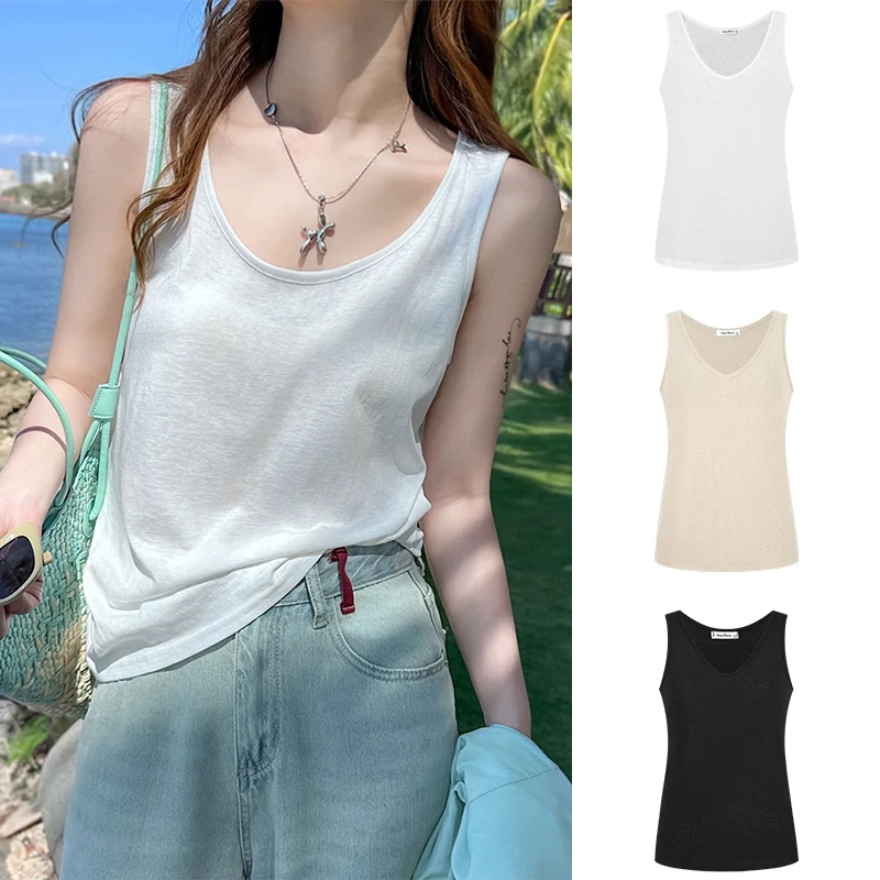 Moses Queen/魔西女王慵懒风V领微透外穿背心女显瘦松弛内搭上衣