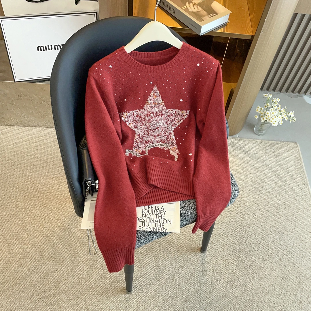 刺绣重工烫钻针织衫女套头毛衣软糯保暖长袖上衣DF2105