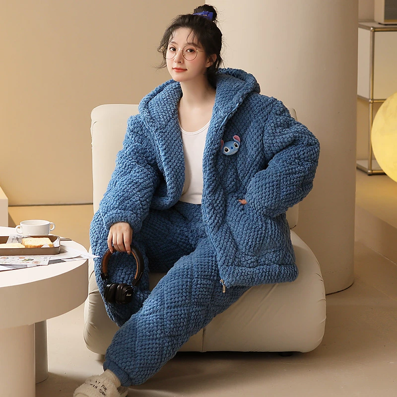 三层加厚夹棉冬季睡衣女士法兰绒拉链卡通甜美珊瑚绒家居服 8976