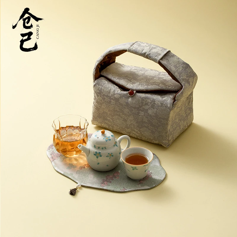 便携式手绘旅行茶具一壶一杯单人旅行泡茶套装布包陶瓷小苍兰户外