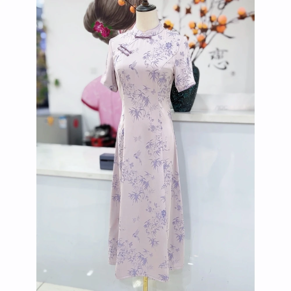 【紫藤兰心】衣长120左右新款春夏短袖长款显瘦减龄高档旗袍
