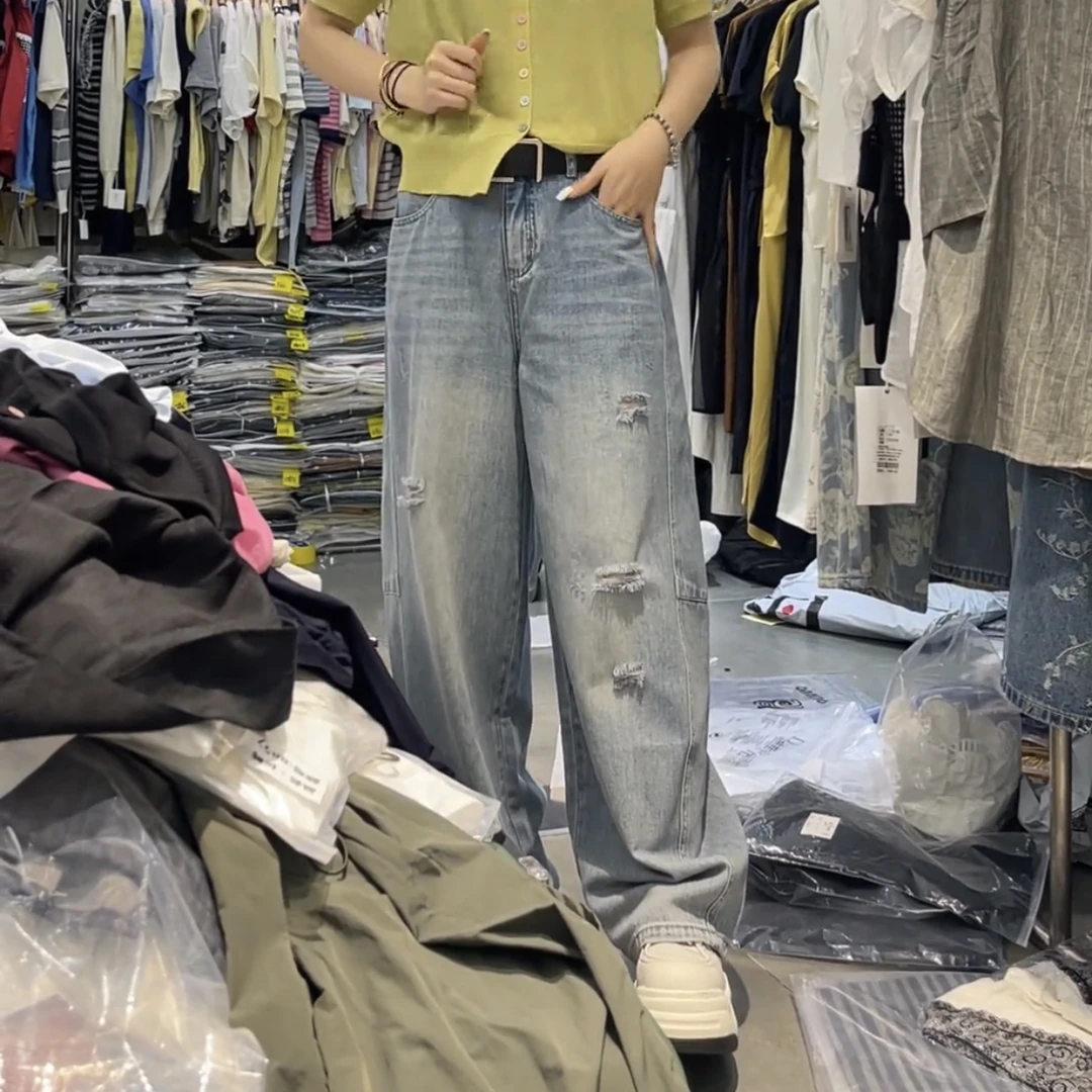 夏季新款高腰休闲破洞牛仔裤大码女装胖MM显瘦痞帅窄版阔腿直筒裤