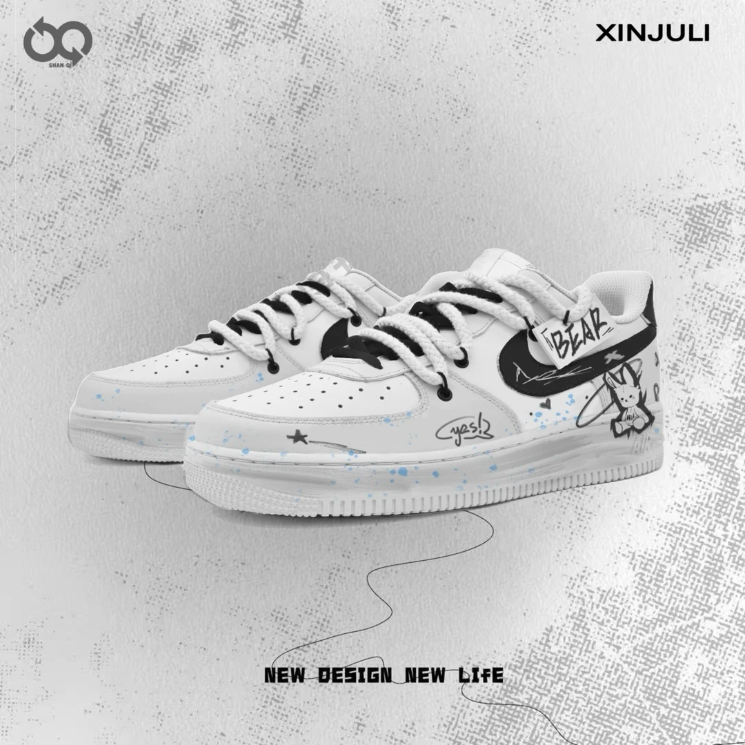 【定制球鞋】Nike Air Force 1 街头涂鸦 解构 小熊警告