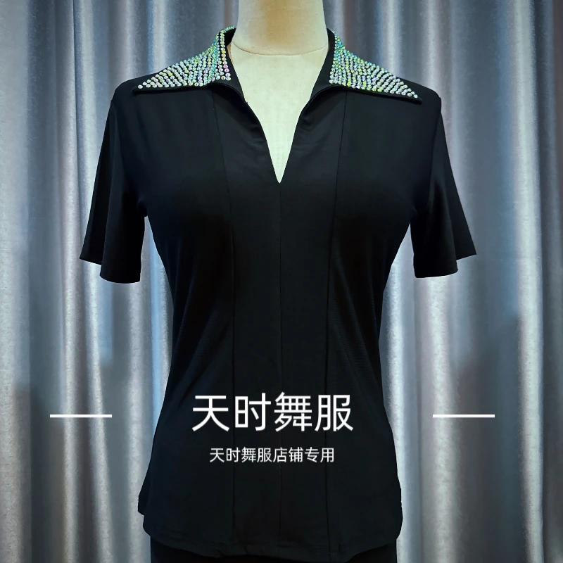 天时舞服短袖镶钻V领洋气衬衫打底三步踩吉特巴水兵舞广场舞上衣