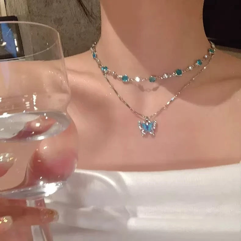 蓝色超仙蝴蝶公主双层流苏项链法式甜酷高级感A476