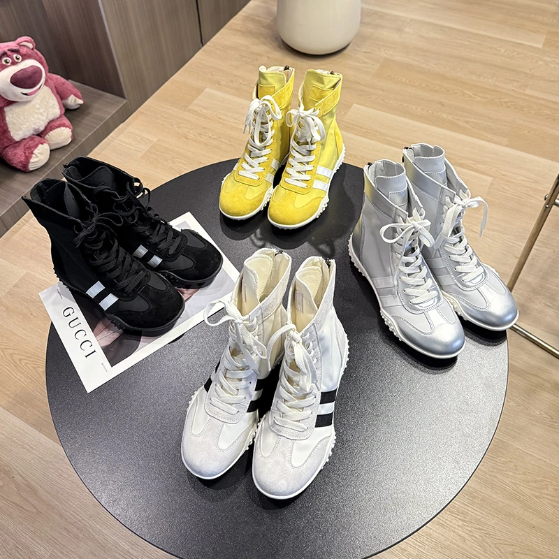 范小洛时尚高帮小短靴女2025夏季新款厚底显高小个子内增高拳击靴