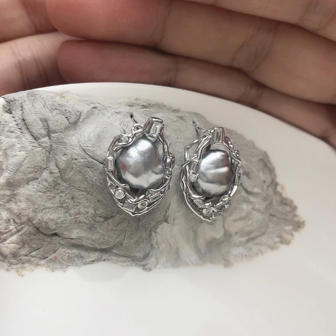 海水珍珠银S925镶嵌耳饰