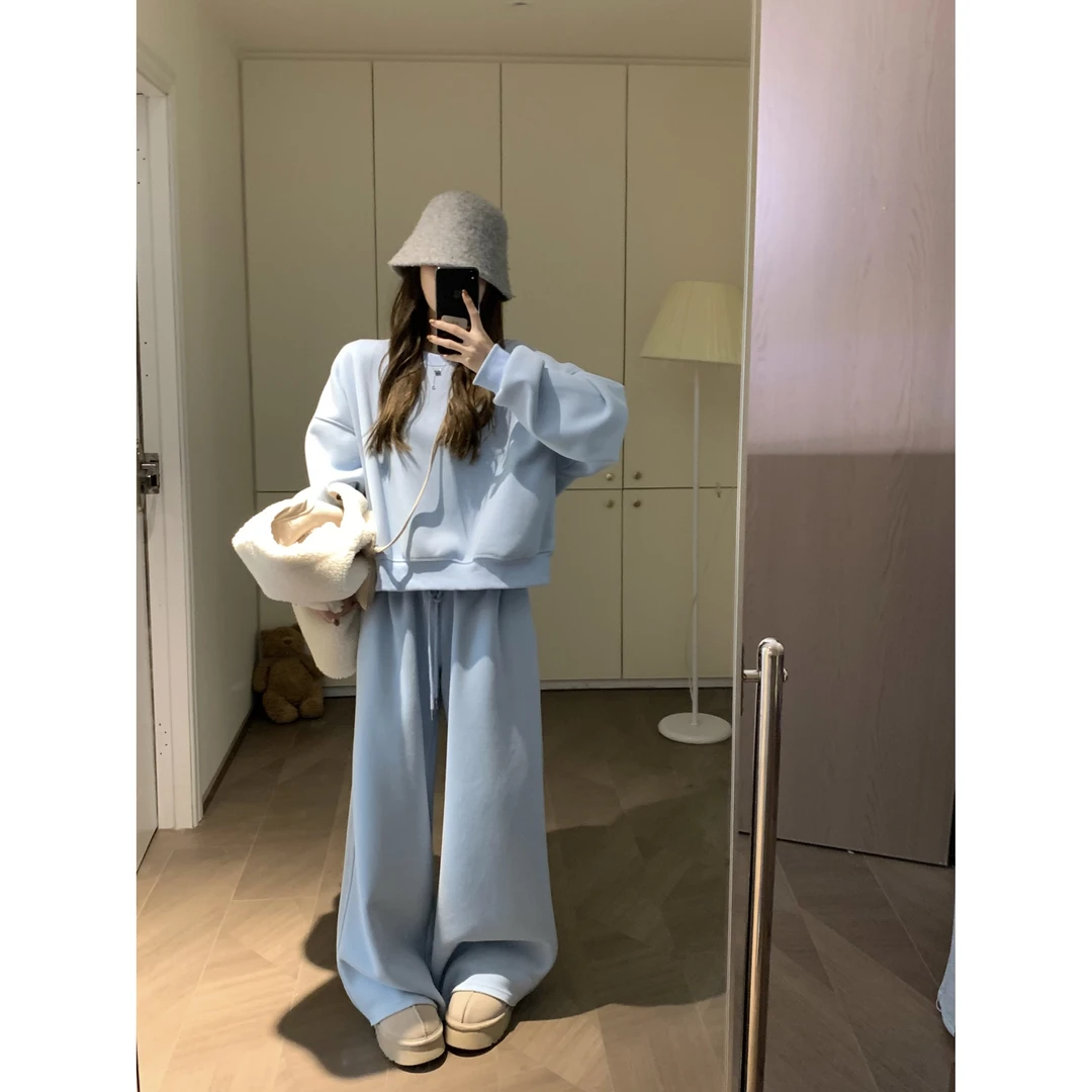 【现货】加绒休闲运动套装女冬季宽松圆领卫衣高腰阔腿卫裤两件套