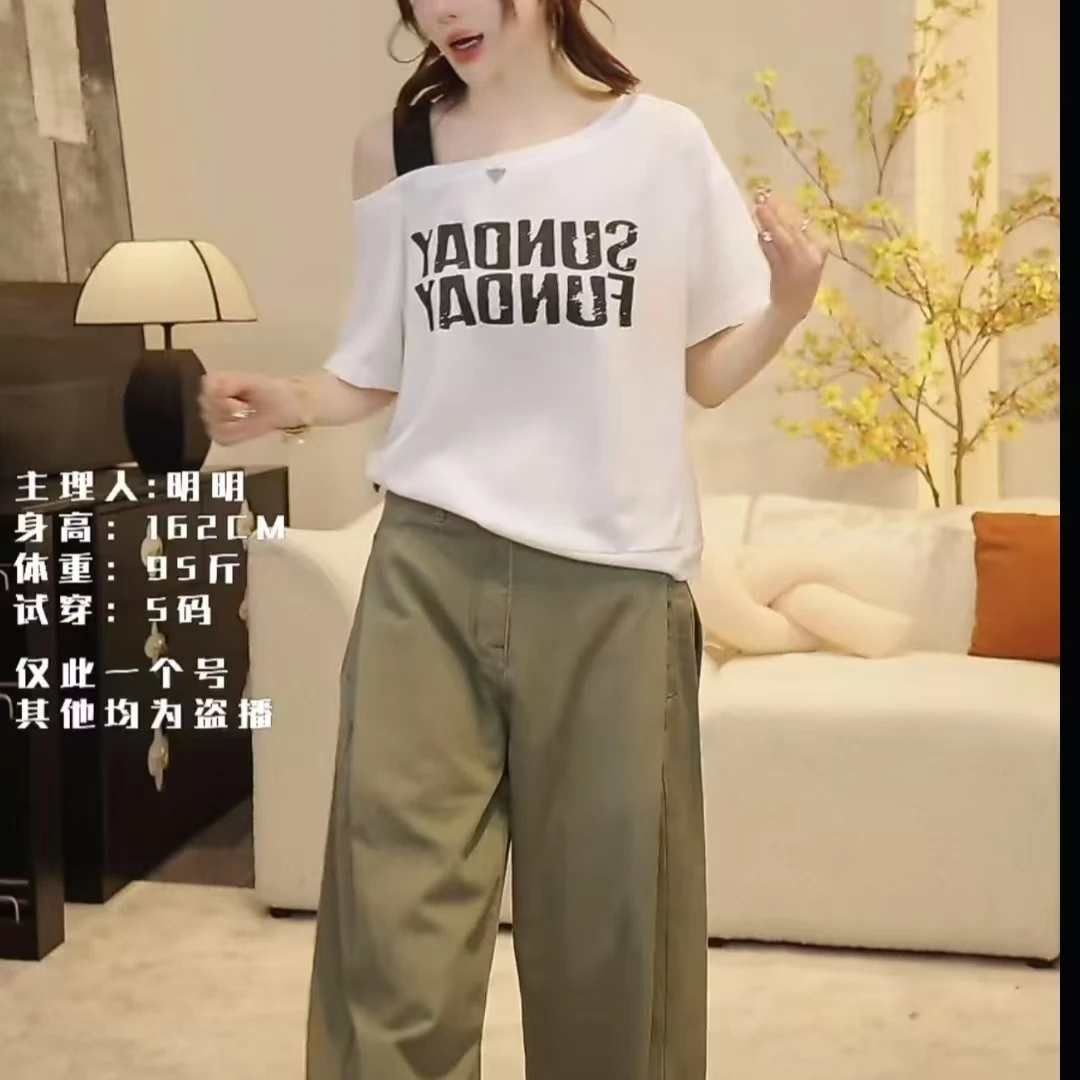 撞色吊带斜领露肩短袖T恤女夏季新款韩版字母印花时尚百搭上衣潮