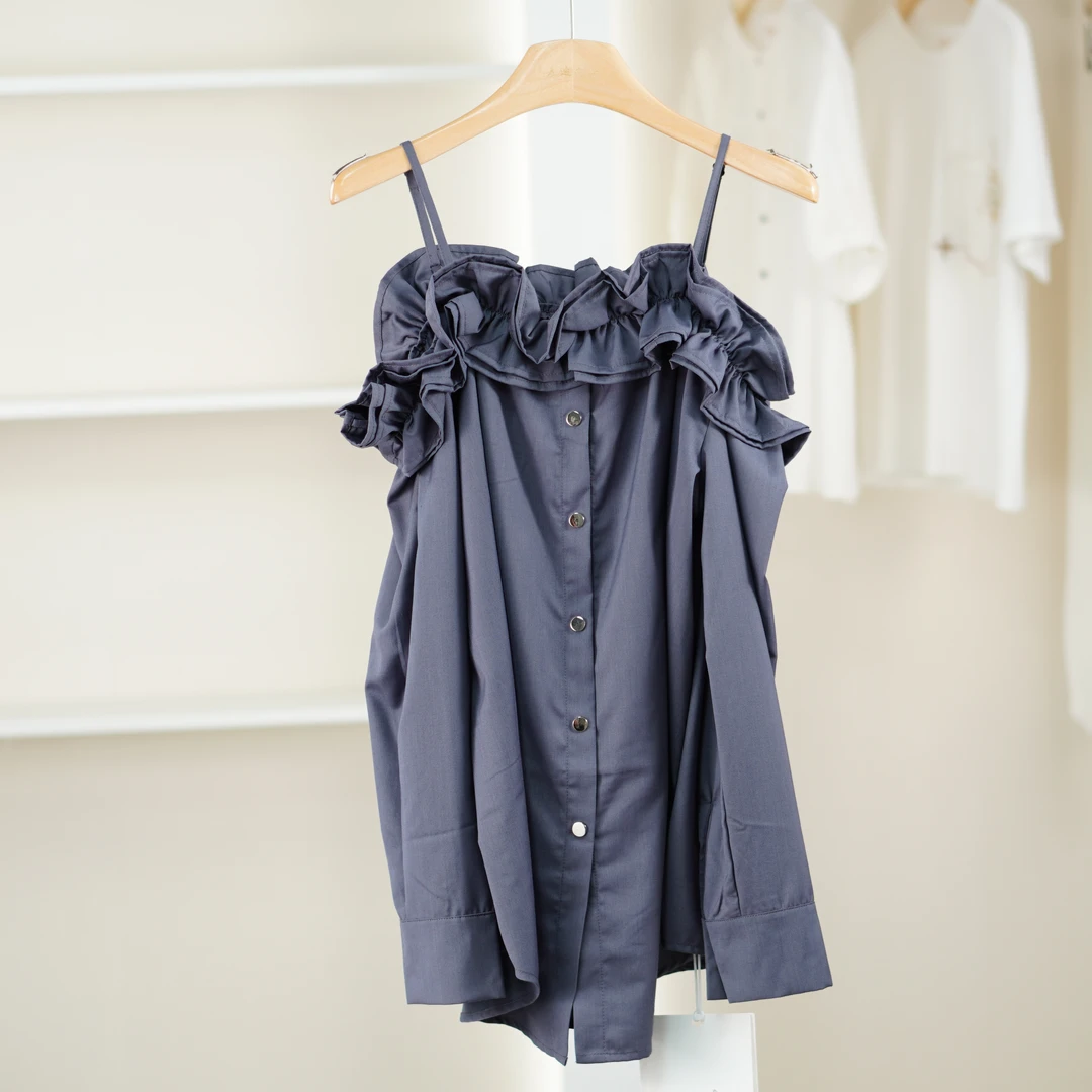 麦迪尚品【DT*】51008280 春季简约露肩一字领吊带衬衫品牌女装