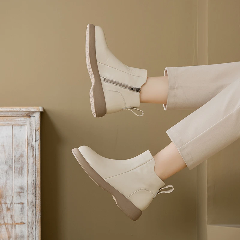 1618秋冬季新款真皮简约单里短靴女中老年舒适女士平底棉靴女