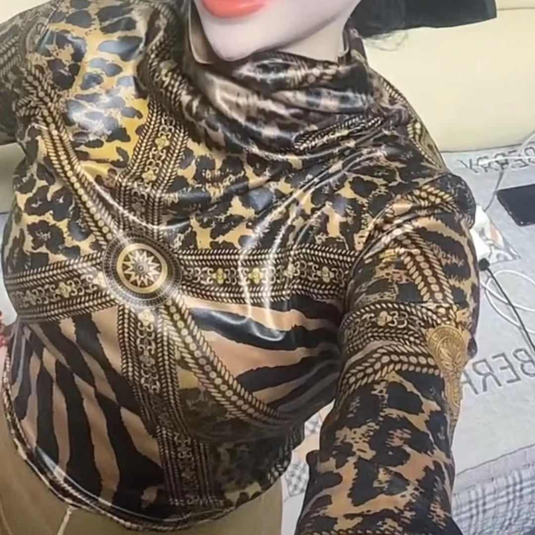 狐仙豹子提花图案霸气休闲潮流打底T恤