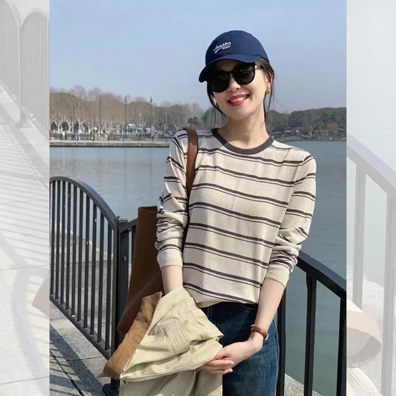 韩系撞色条纹正肩潮流薄款外搭防晒罩衫上衣女夏季小个子长袖T恤