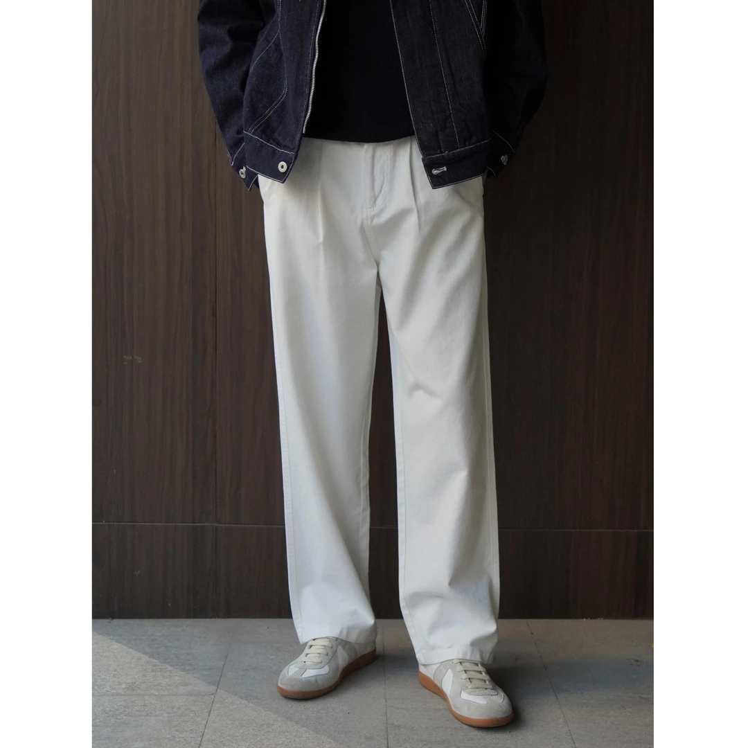 AX-2025 斜纹梭织棉 简约直筒宽松休闲裤男士白色裤子百搭垂感