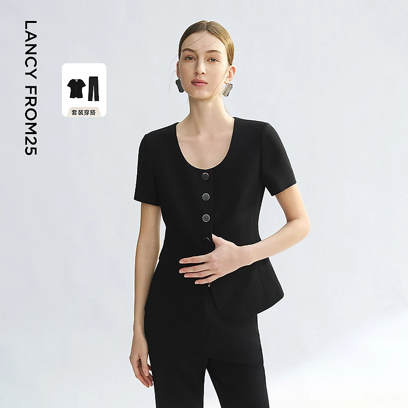 朗姿黑色圆领设计感简约时尚短外套/裤子气质上衣2025年夏季新款