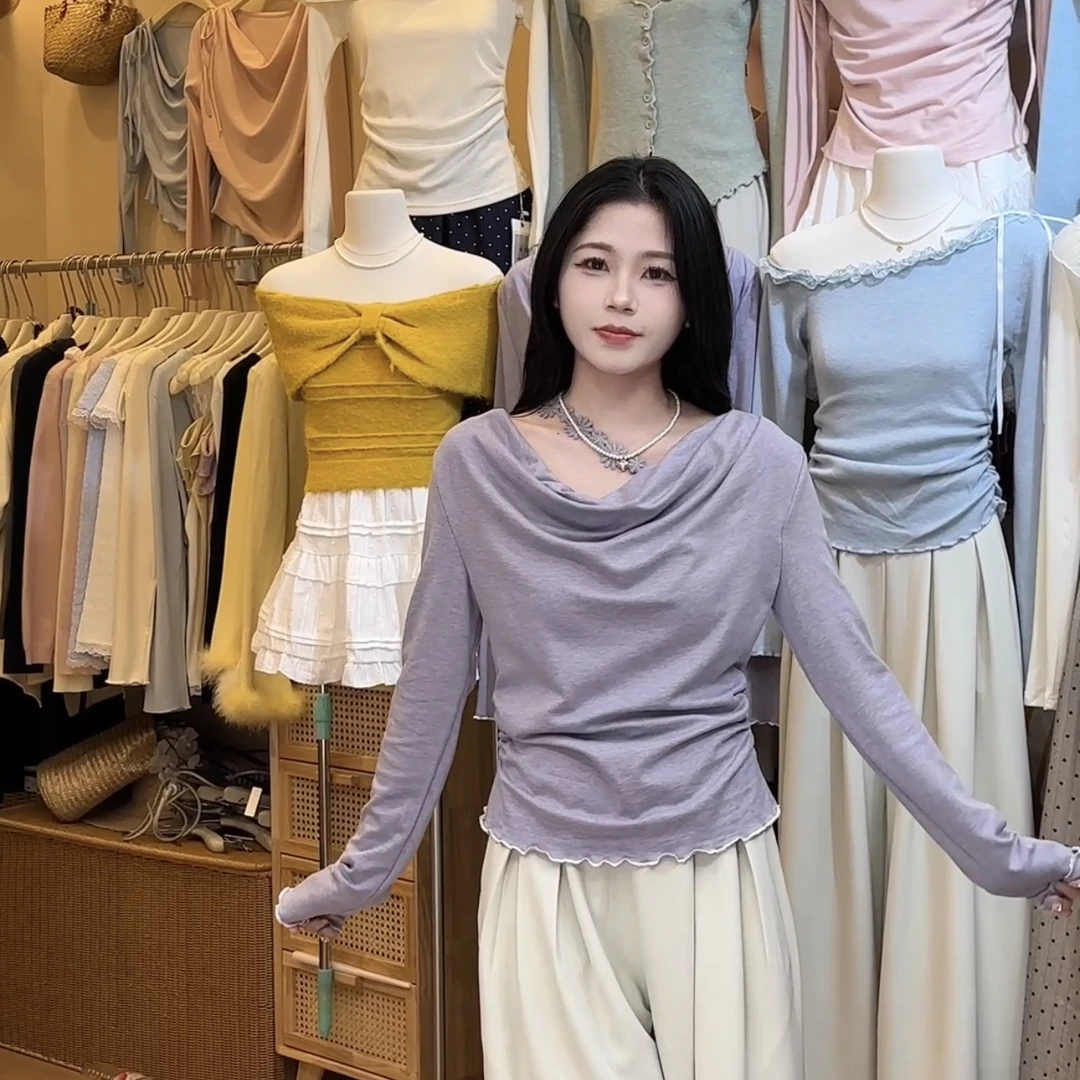 蕾丝拼接上衣女早春百搭荡领小性感修身褶皱显瘦长袖T恤