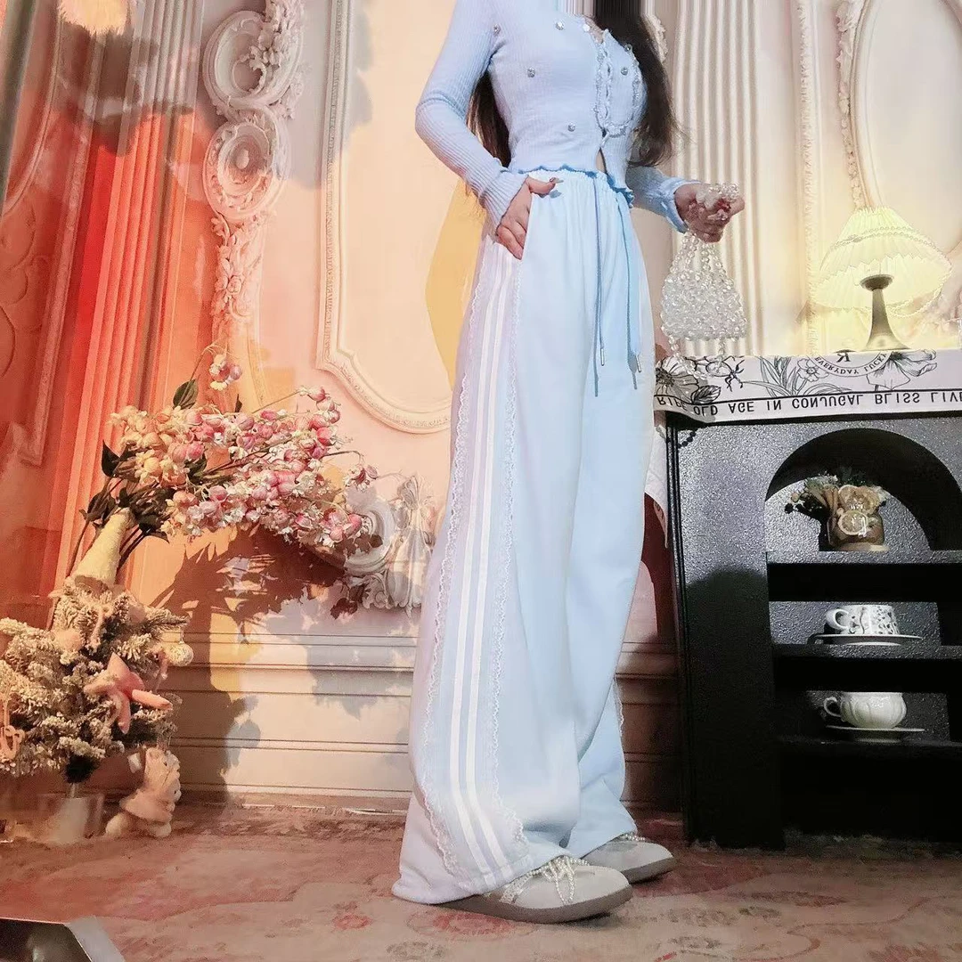 【崔】腿精计划 K0057  蕾丝拼接松紧高腰休闲韩版百搭垂坠阔腿裤潮