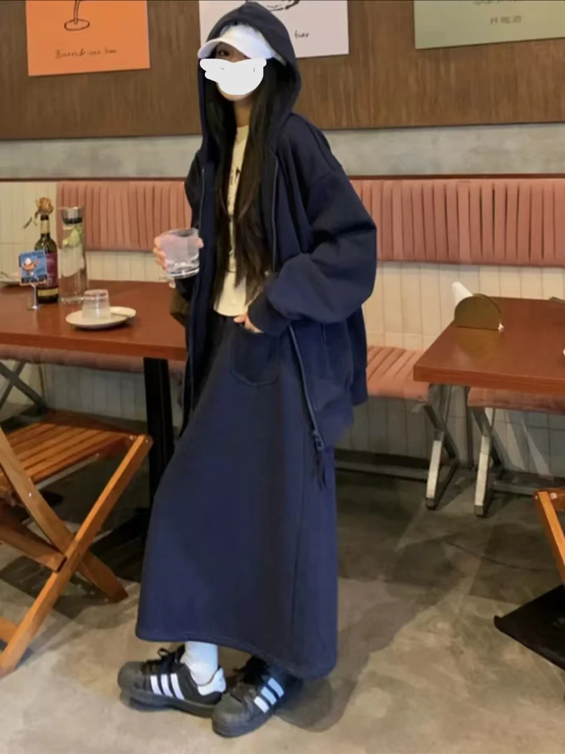 公主 多巴胺韩系休闲连帽外套+开叉半身裙两件套（25028裙25026上）