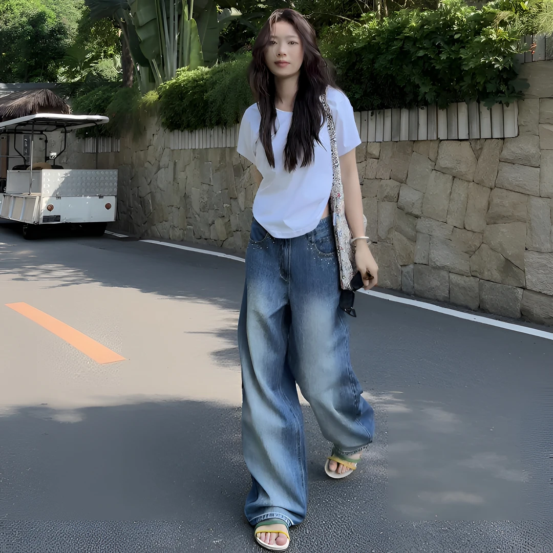 2025年夏季新款柳钉重工做旧牛仔裤女高腰宽松显瘦阔腿长裤辣妹