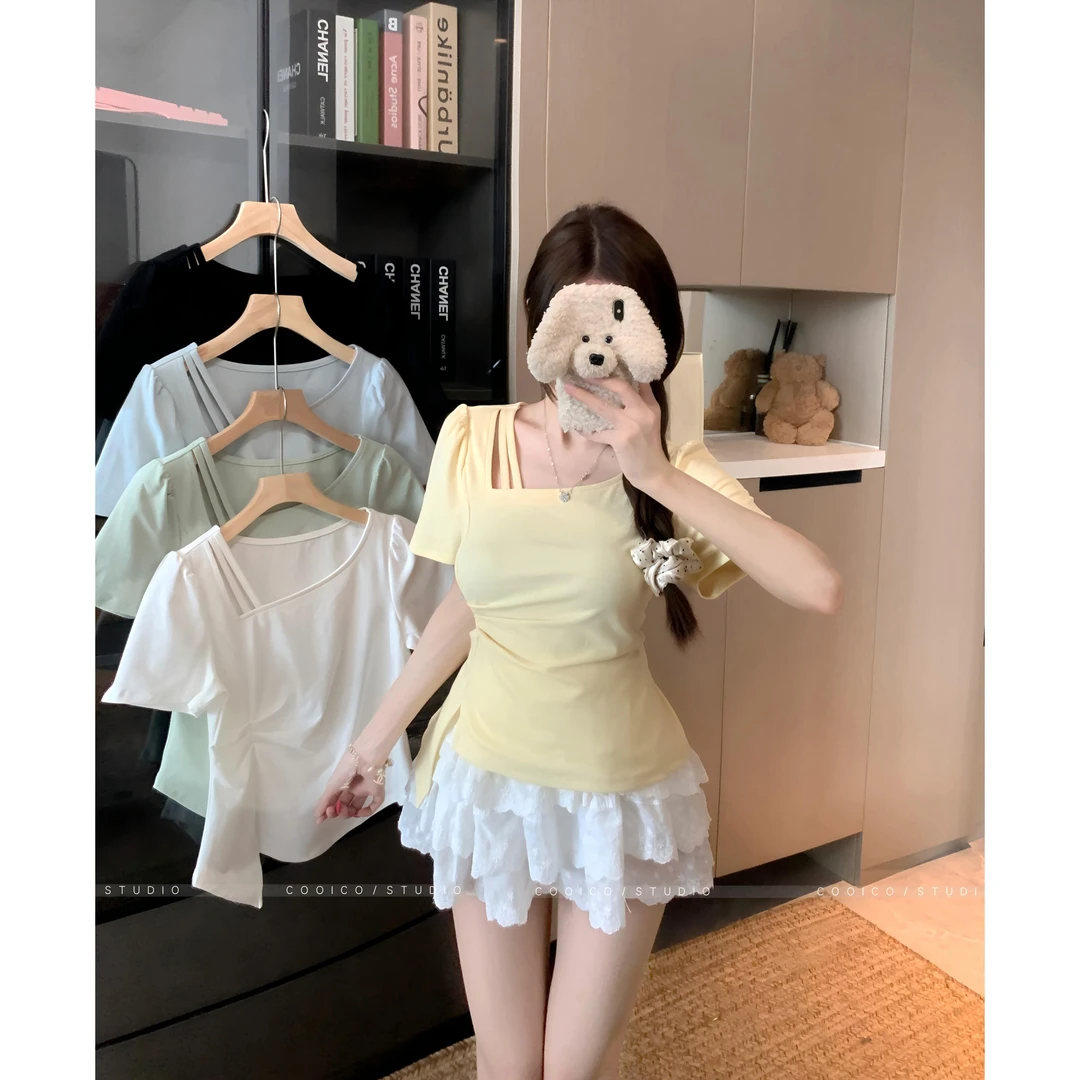 2025夏季新款大码胖mm正肩捏褶不规则T恤镂空设计感斜领上衣女