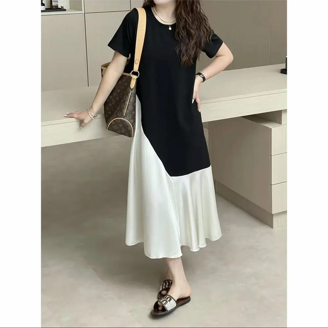 大码百褶下摆撞色拼接t恤连衣裙女夏季新款胖mm宽松显瘦气质裙子