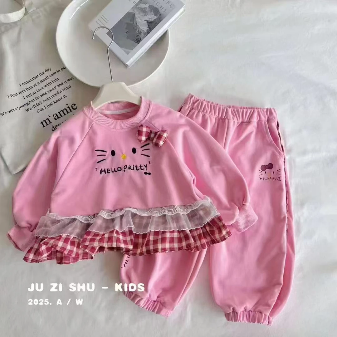 【KT猫-红格子卫衣两件套】新款2025女童套装