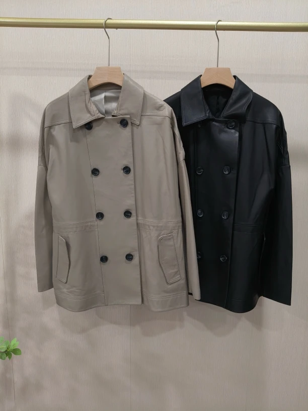 【Hua】005春季女士休闲百搭双排扣翻领斜口袋抽腰中款皮衣外套