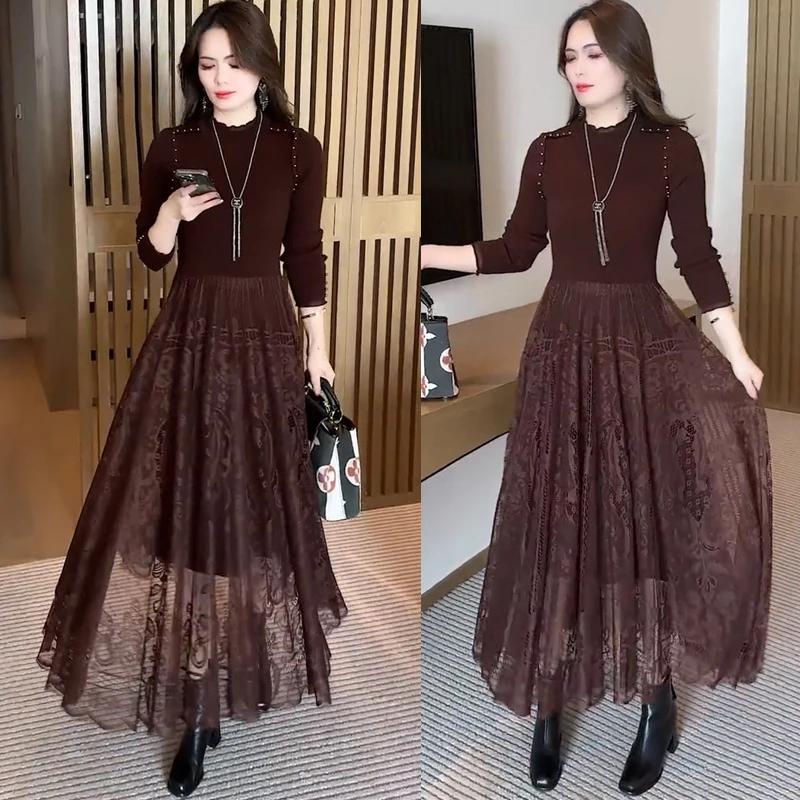 La babite假两件中长款连衣裙女秋冬新款时髦显瘦蕾丝拼接针织裙