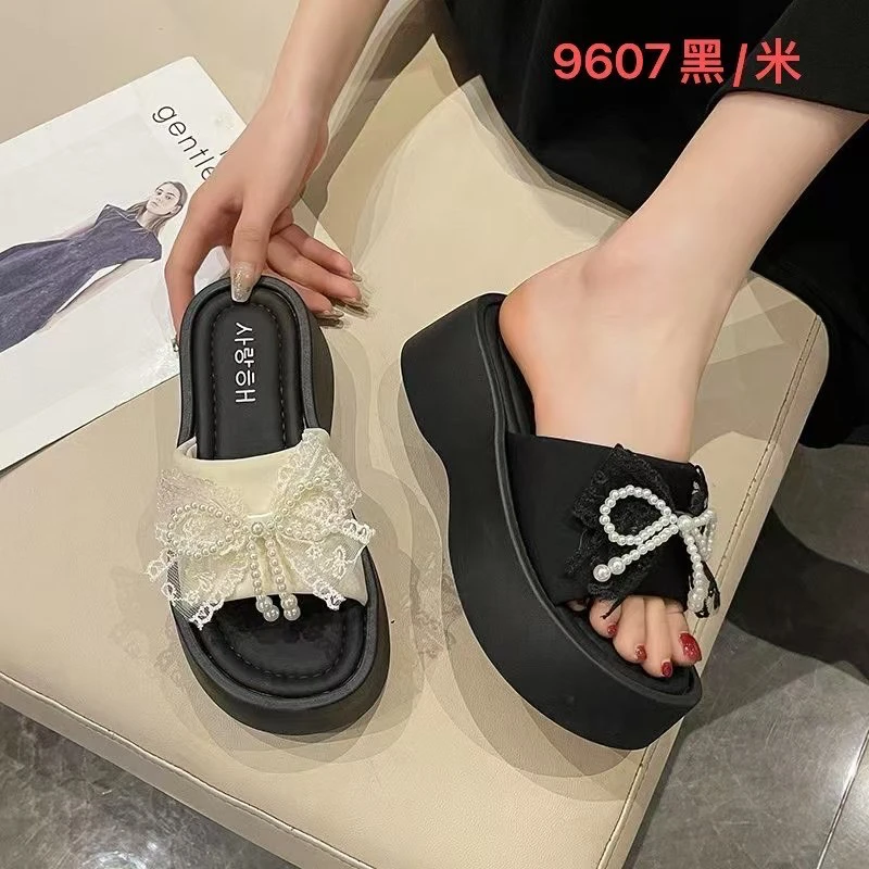 新款蝴蝶结厚底女士夏季外穿百搭露趾一字凉拖鞋